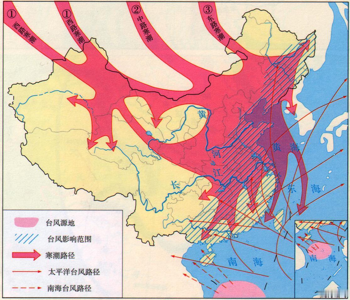 我国唯一几乎不受寒潮、台风共同影响的区域也就是藏北高原吧（青藏高原腹地）。北部高