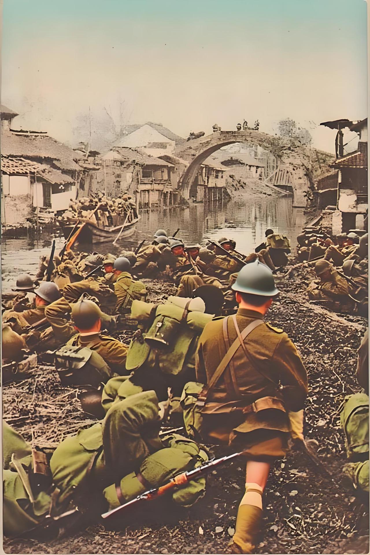 1937年11月12日，从杭州湾登陆迅速北进的日军在上海青浦白鹤镇附近休息。画面