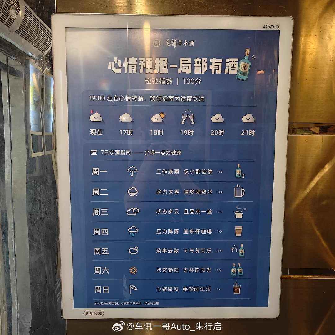 今天刚进电梯里就发现咋有天气预报的海报仔细看了下才发现原来是广告现在的广告位还挺