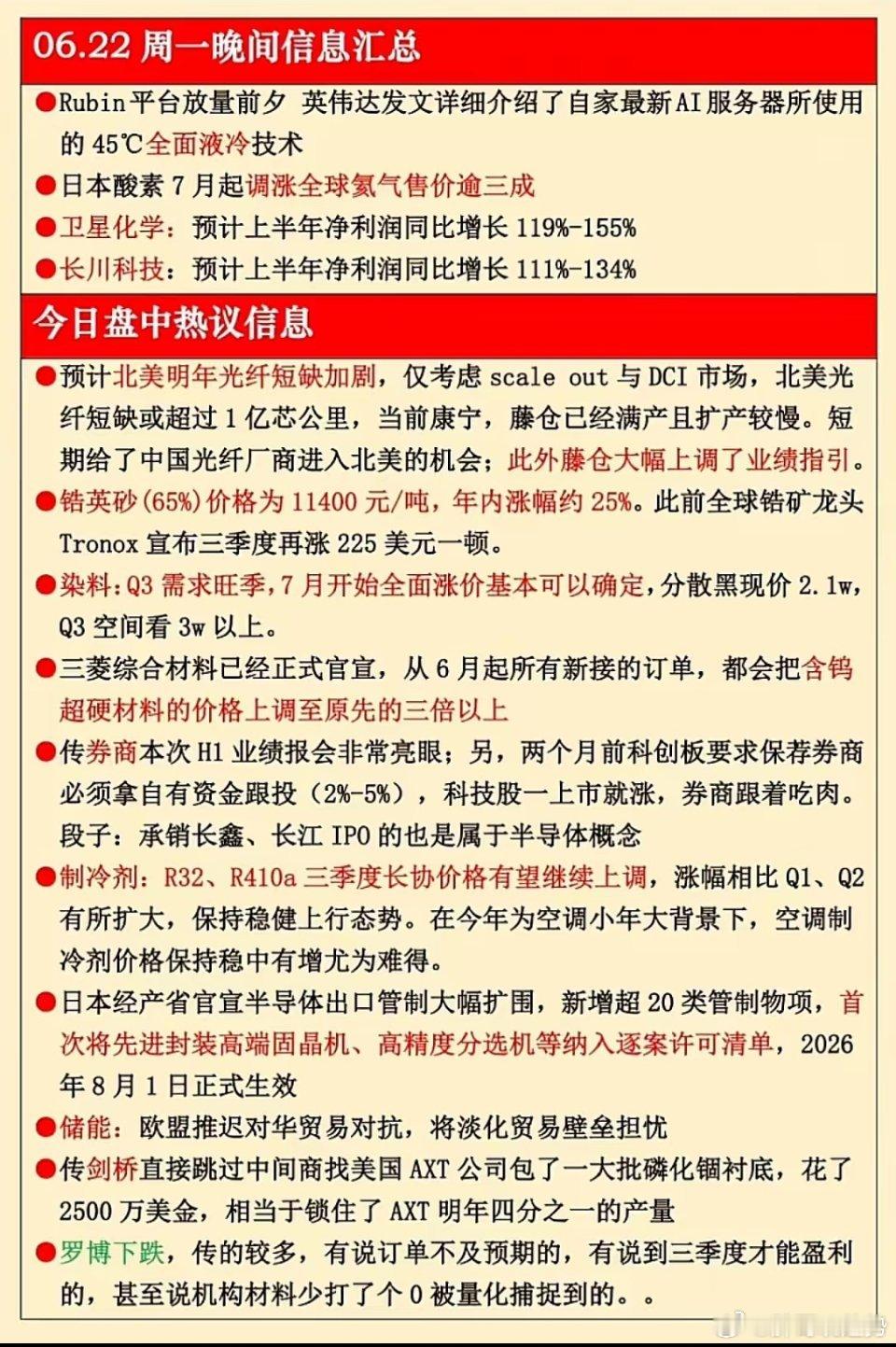 6月22日晚间重磅资讯梳理，多条产业链迎来催化周一晚间产业消息密集，覆盖AI算力