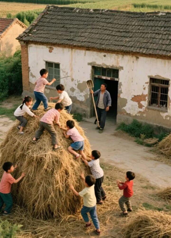 定风波，题图（怀旧系列）
麦垛堆成小阜巅，孩童嬉闹逐晴欢。
棍作长枪争奋勇，情重