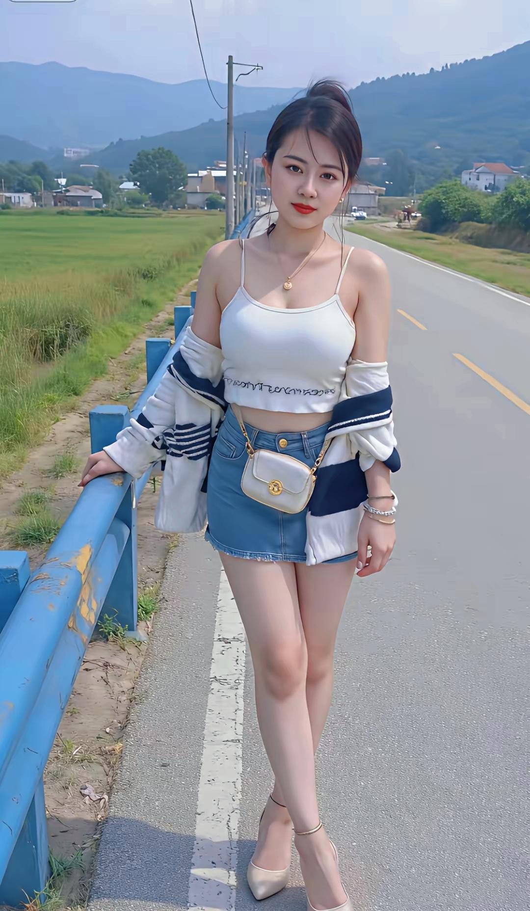 夏天就是要穿得清凉又好看！白色吊带配浅蓝色牛仔短裙，简直是夏日绝配。
白色吊带简