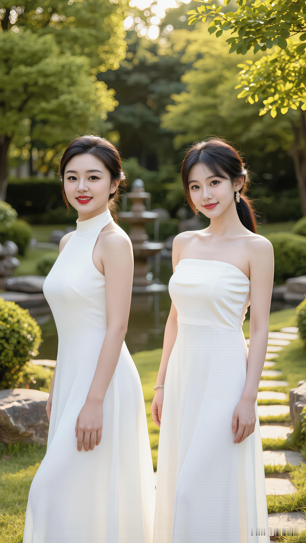 《园亭双姝》
双姝并立碧池边，
素袂临风映翠烟。
最是春光怜玉色，
一园清韵入眉