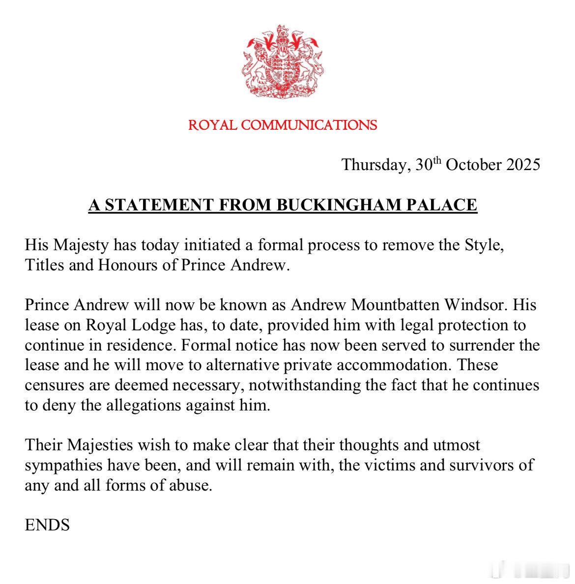 英国王室 🇬🇧10月30日，白金汉宫宣布查尔斯三世国王将正式剥夺和撤销弟弟安