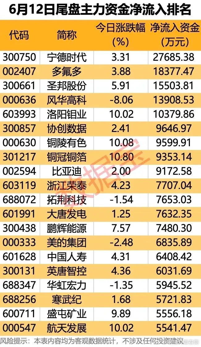尾盘抢筹信号！6月12日主力净流入TOP20，资金尾盘布局逻辑全景拆解！6月12