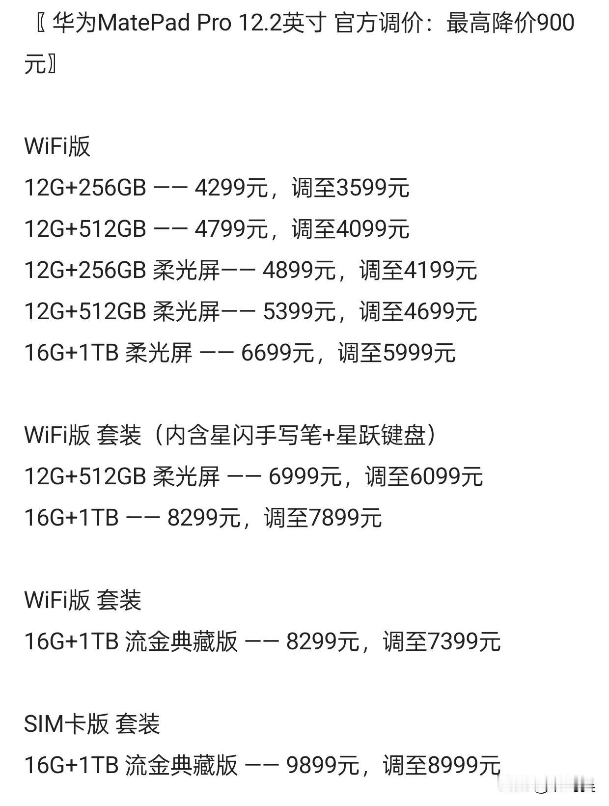 华为MatePad Pro 12.2英寸官方调价，最高降价900元

近日，华为