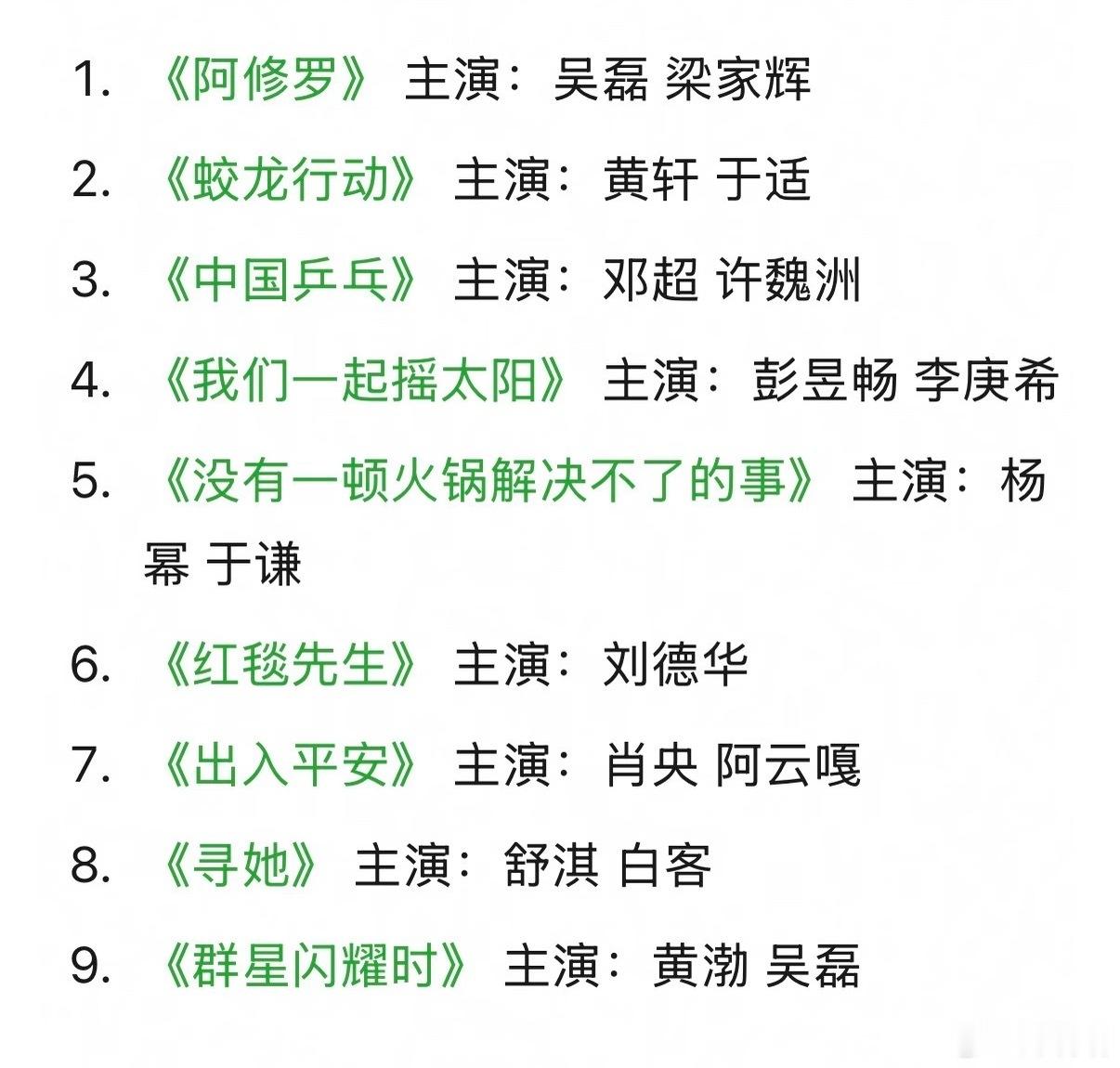 网友盘点票房扑街就撤档的电影🈶1.《阿修罗》主演: 吴磊 梁家辉2.《蛟龙行动