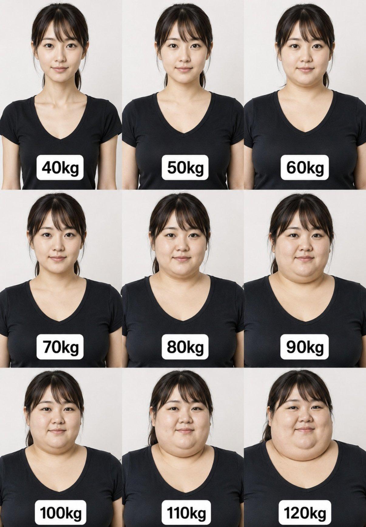 看完这张体重对比图瞬间警醒！ 
同样一个人，40kg 和 120kg 完全是两种
