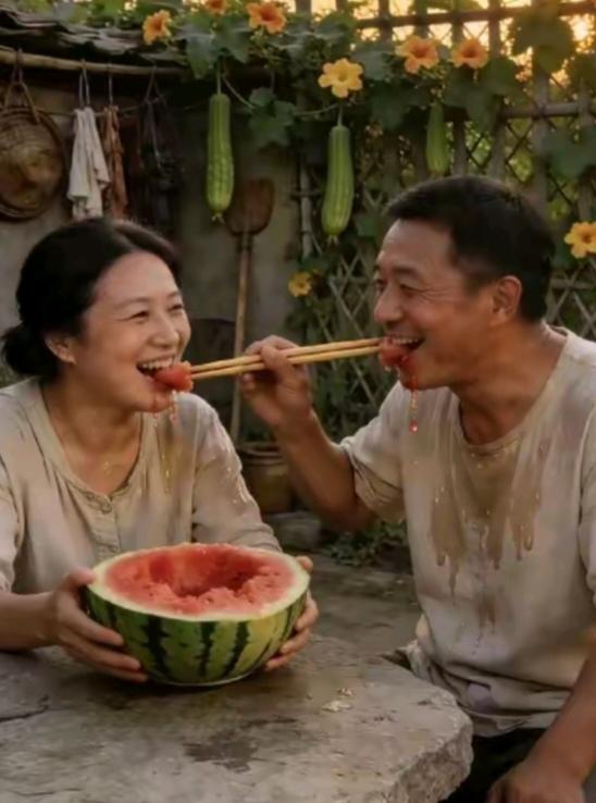 夏日炎炎似火烧；
吃个西瓜多揭渴；
老夫老妻真恩爱；
吃个西瓜互相喂；
吃的好来