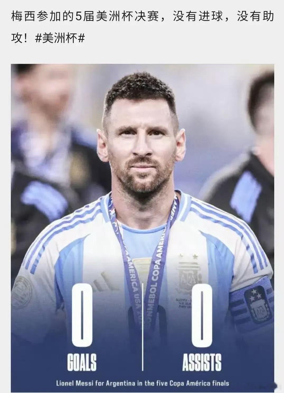 “5003”！梅西参加5届美洲杯决赛，0个进球，0个助攻，3次亚军