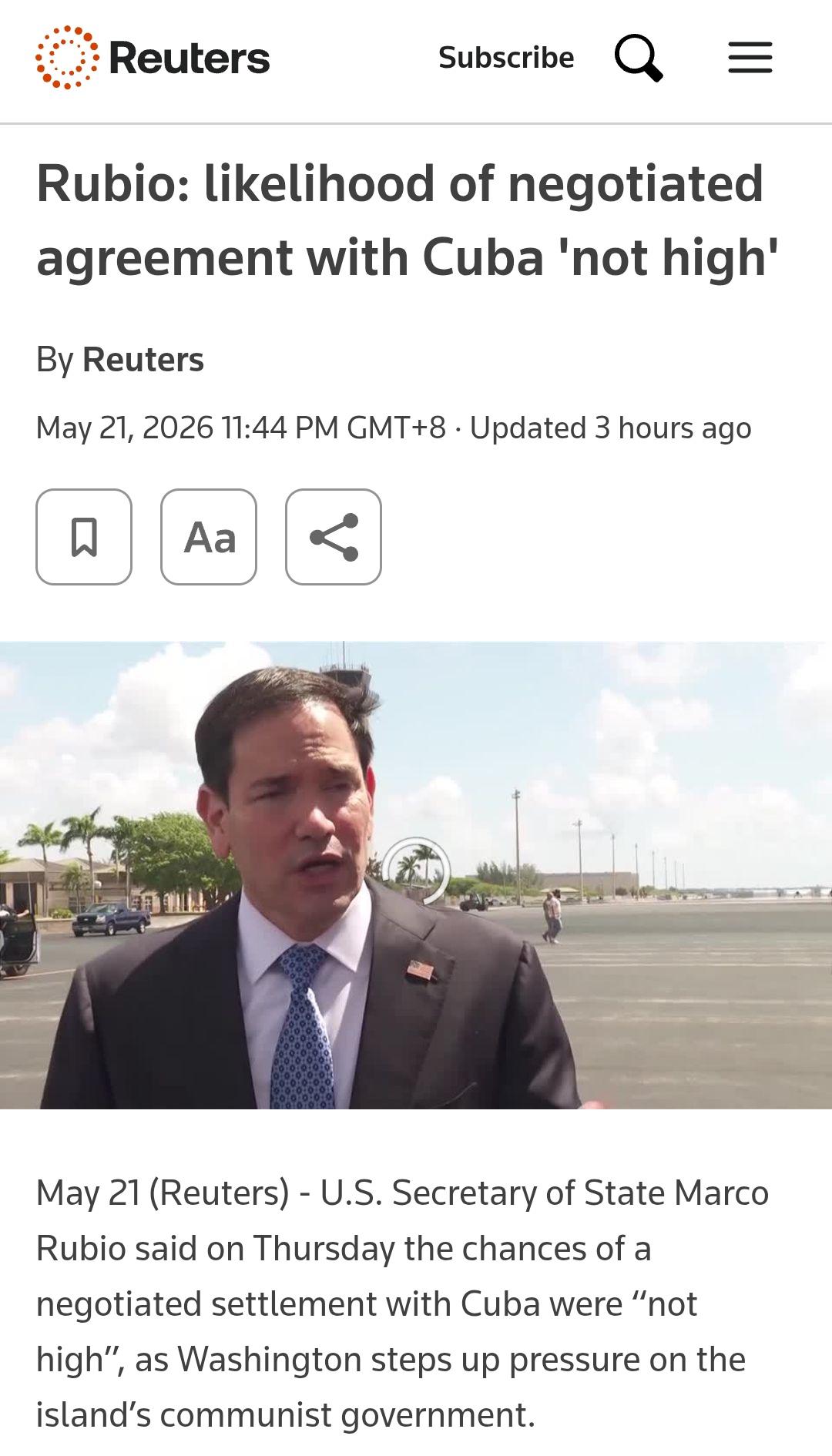 卢比奥近日表态，与古巴谈判达成协议的可能性“不高”。

卢比奥是美国国务卿、古巴