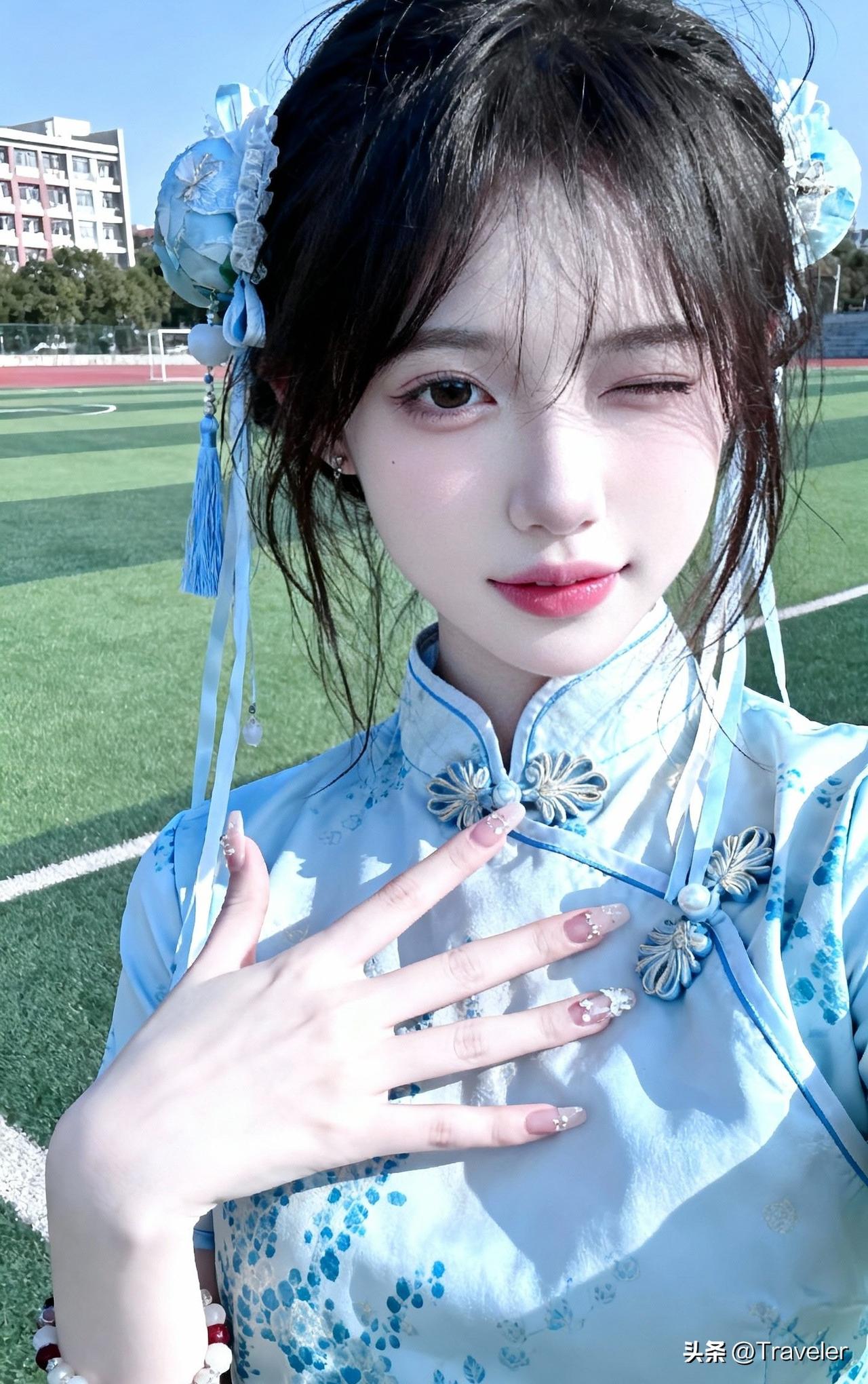 蓝衣少女，校园时光，青春洋溢