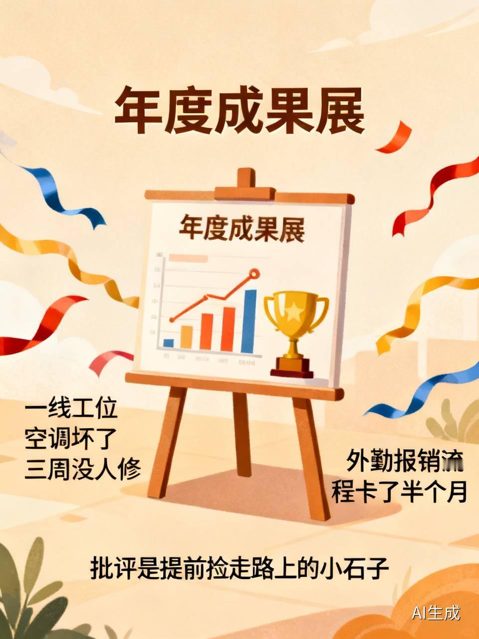 单位上周办了年度成果展，宣传栏里贴满了各种亮眼的业绩数据，连走廊转角都挂着表彰横