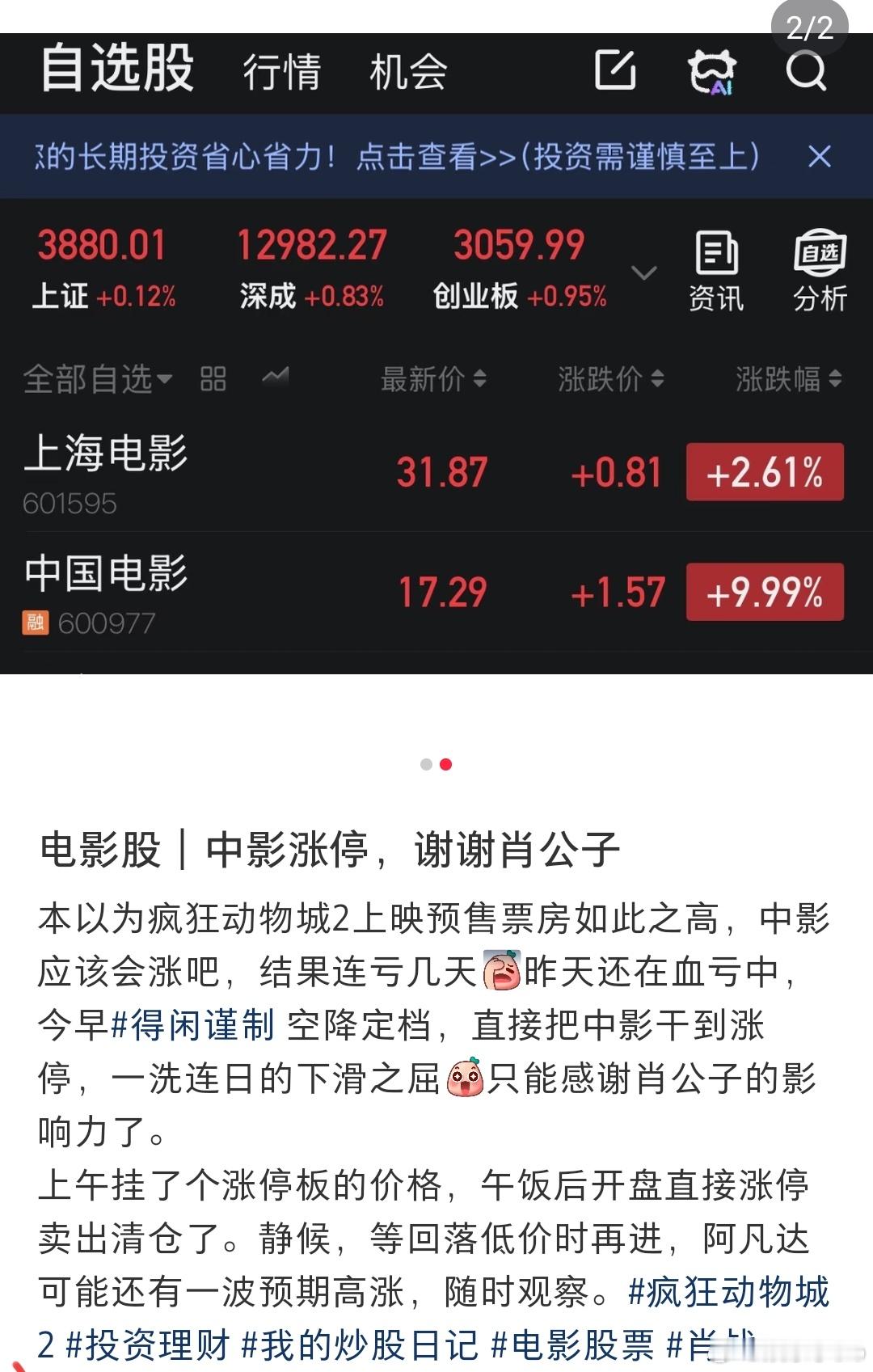 得闲谨制发力了，中影之前几天连亏。今天得闲谨制刚官宣定档，直接把中影干到涨停。太
