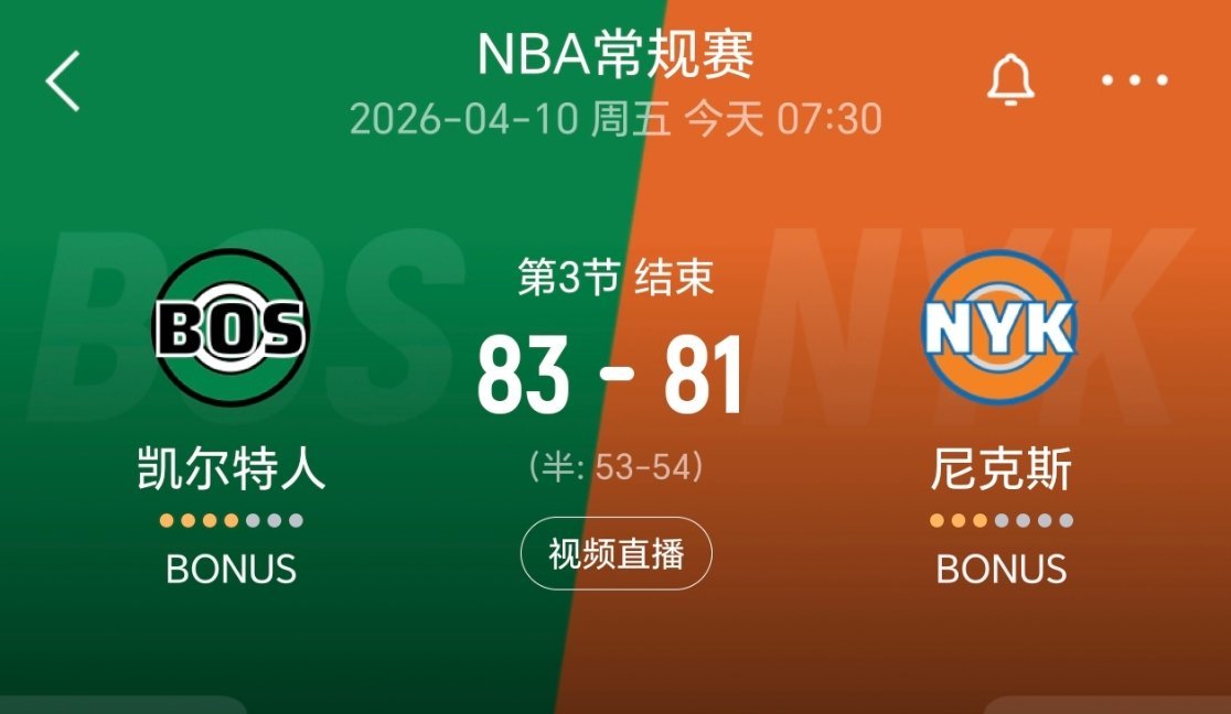三节结束，凯尔特人反超2分！ 凯尔特人vs尼克斯