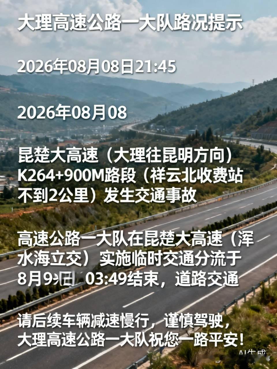 〖大理高速公路一大队路况提示〗：带定位晒今日生活 2026年08月08日21时4