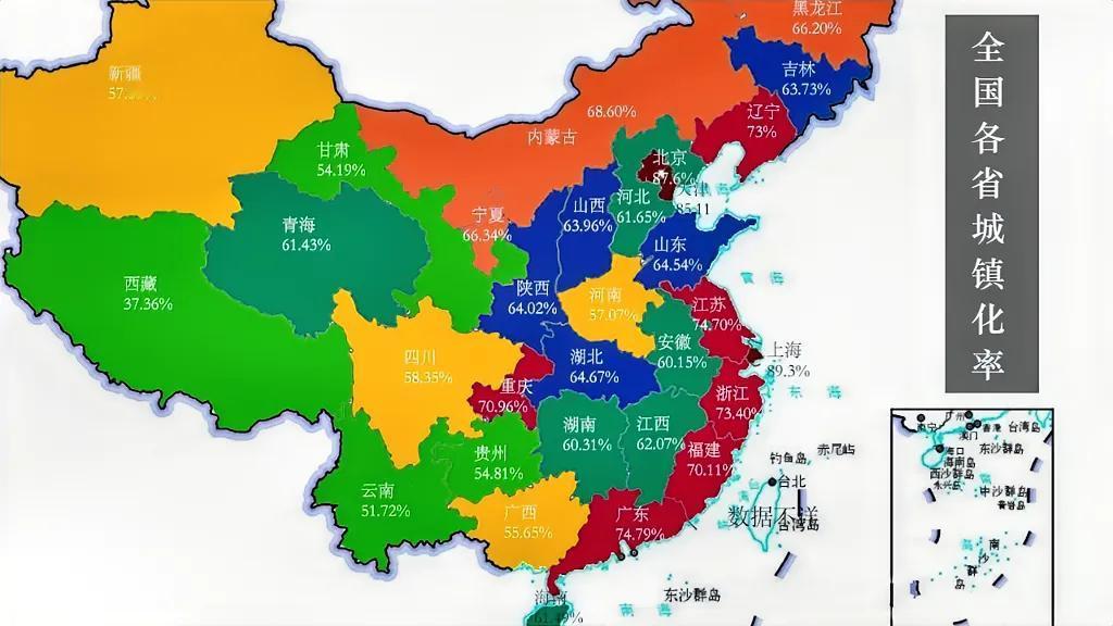 各省的城镇化率情况。
上海、北京最高，接近90%，东部沿海的城镇化率除了山东，都