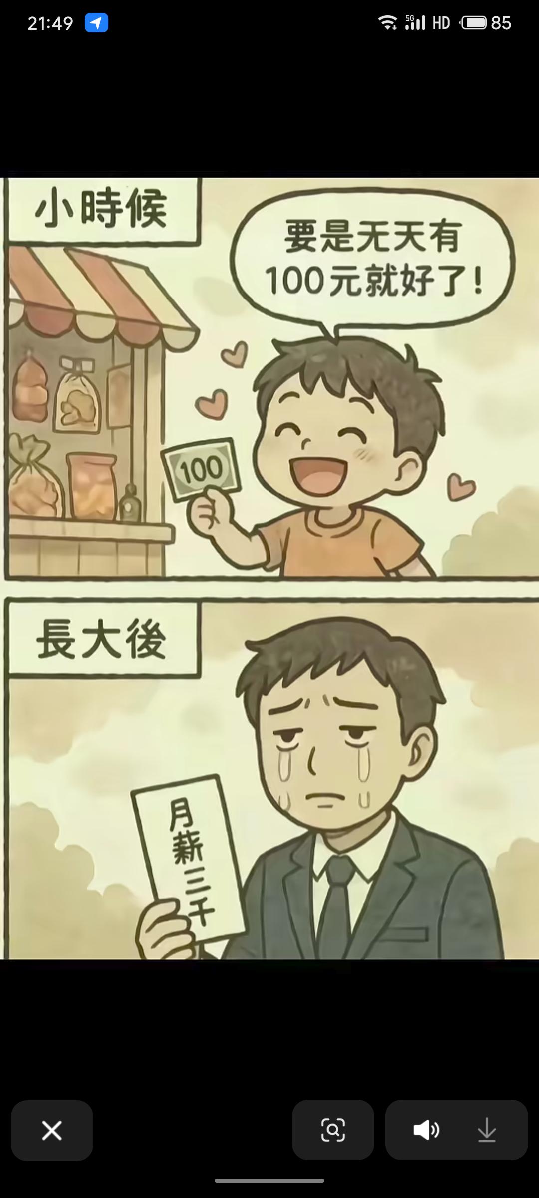 小时候梦想每天能有100元巨款，长大后发现月薪三千才是现实。理想很丰满，现实很骨