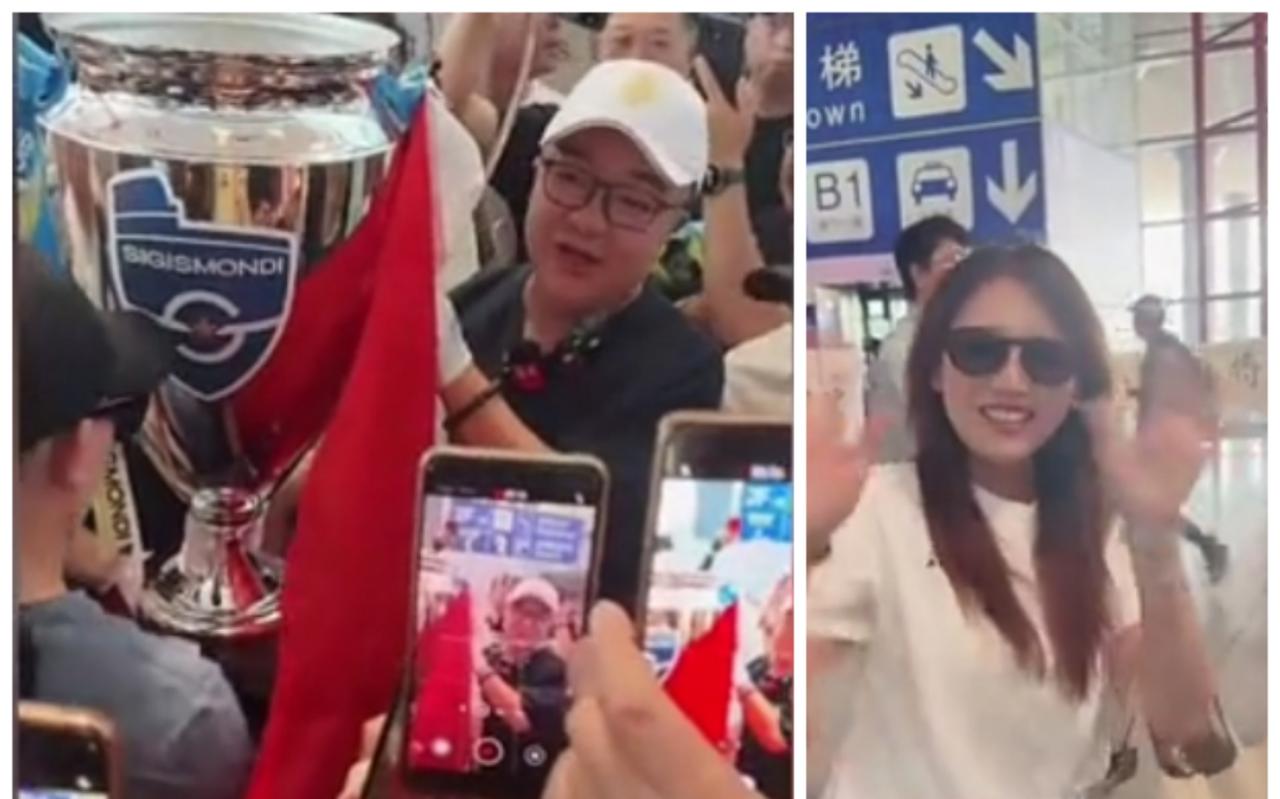 6月24日董路携妻子接机冠军奖杯，董嫂颜值惊艳全场
 
6月24日中午，董路现身