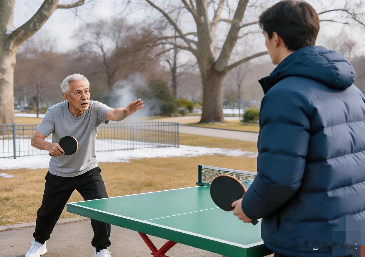 昨晚公园打乒乓球，遇到一位奇人。这老爷子大概60多岁，以前没有见过。老爷子一来，