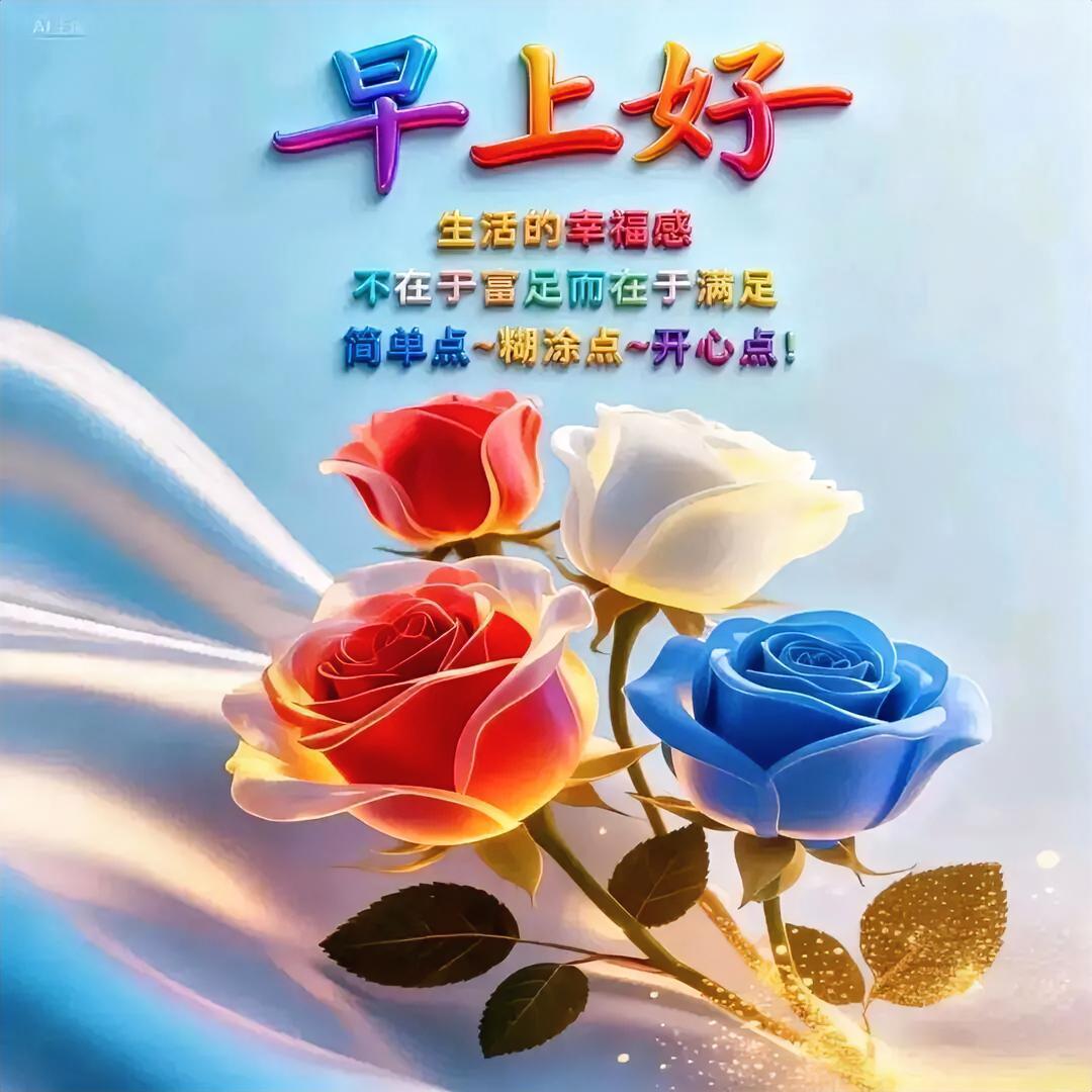 早上好！送你红白蓝玫瑰，活得简单糊涂些，开心点，生活的幸福就藏在这些小确幸里。