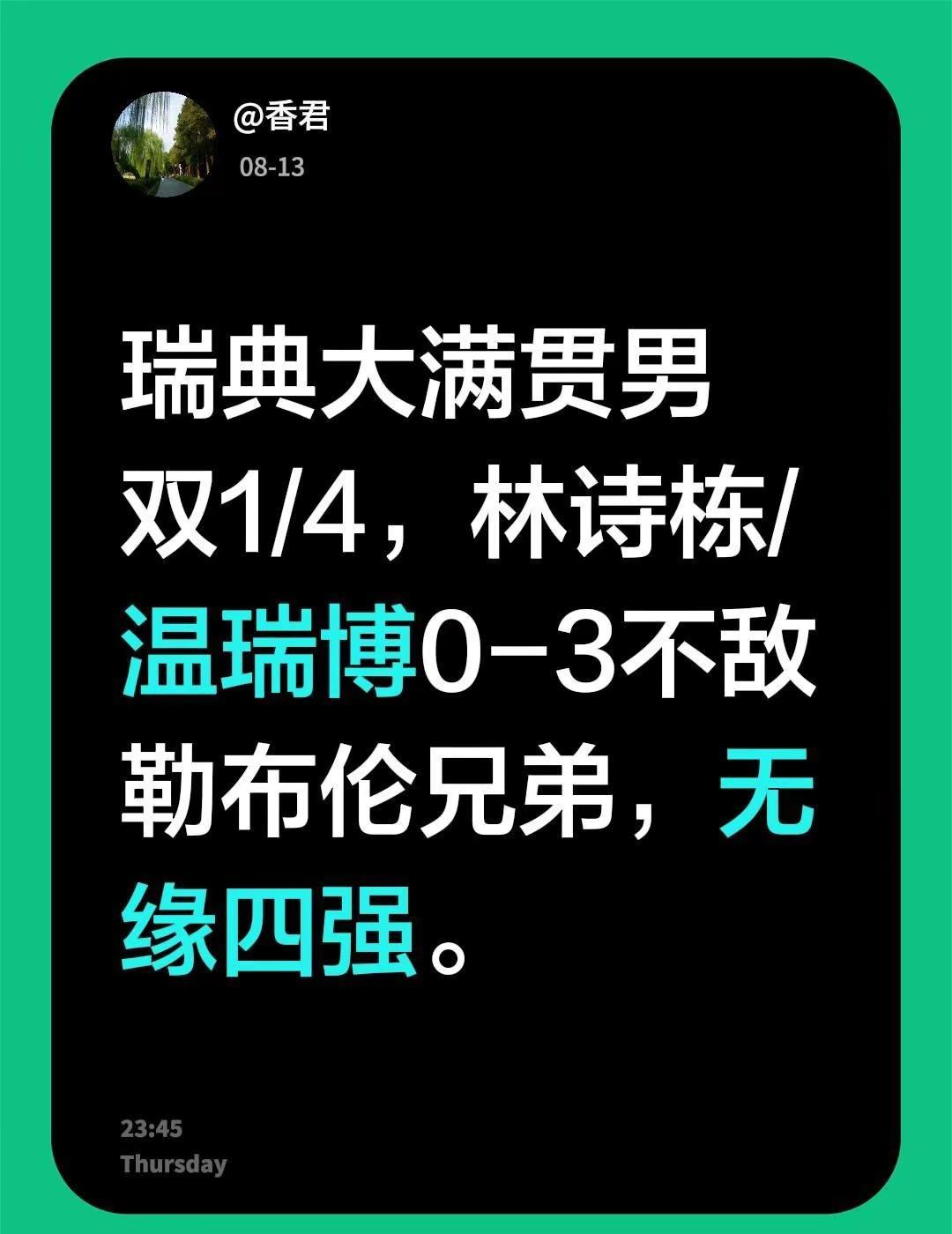 瑞典大满贯男双1/4，林诗栋/温瑞博0-3不敌勒布伦兄弟，无缘四强。