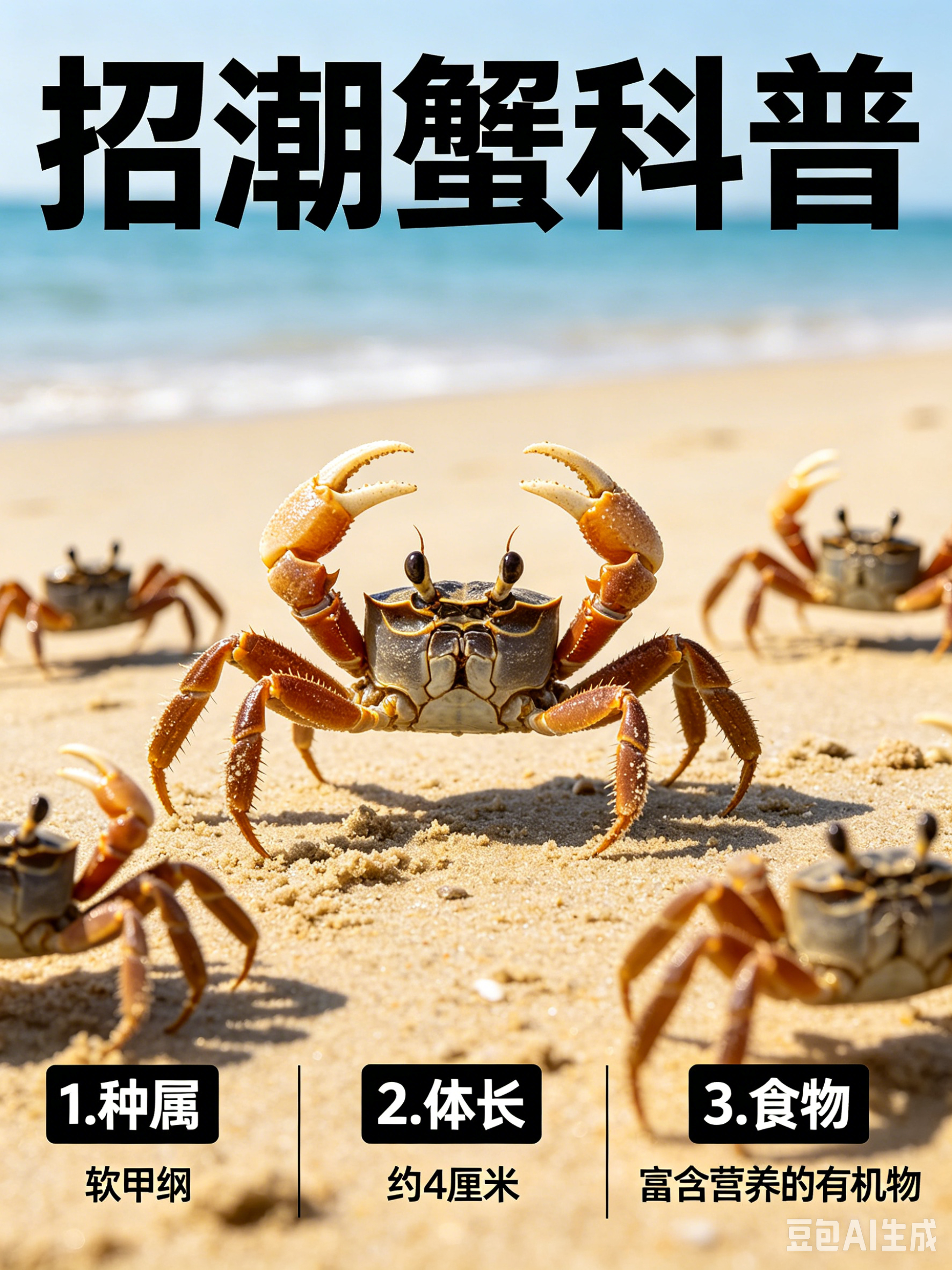 海洋朋友圈 招潮蟹海洋档案种　属：软甲纲体　长：约4厘米食　物：富含营养的有机物