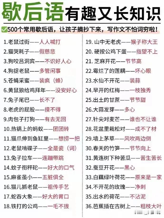 500个常用歇后语，每一个都有趣又长知识，比如老鼠过街，人人喊打、猫哭耗子，假慈