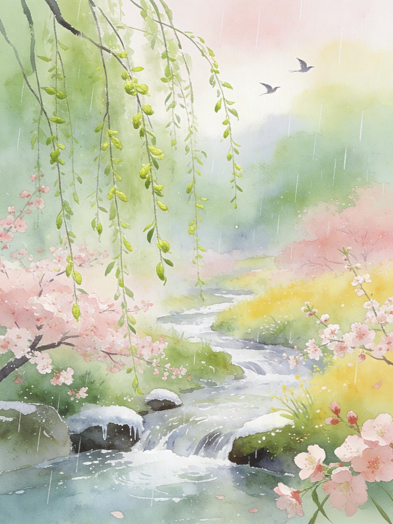 细雨和风迎春来
解析：“细雨和风”对“冰天雪地”，是典型的气候景象对应；“迎春来