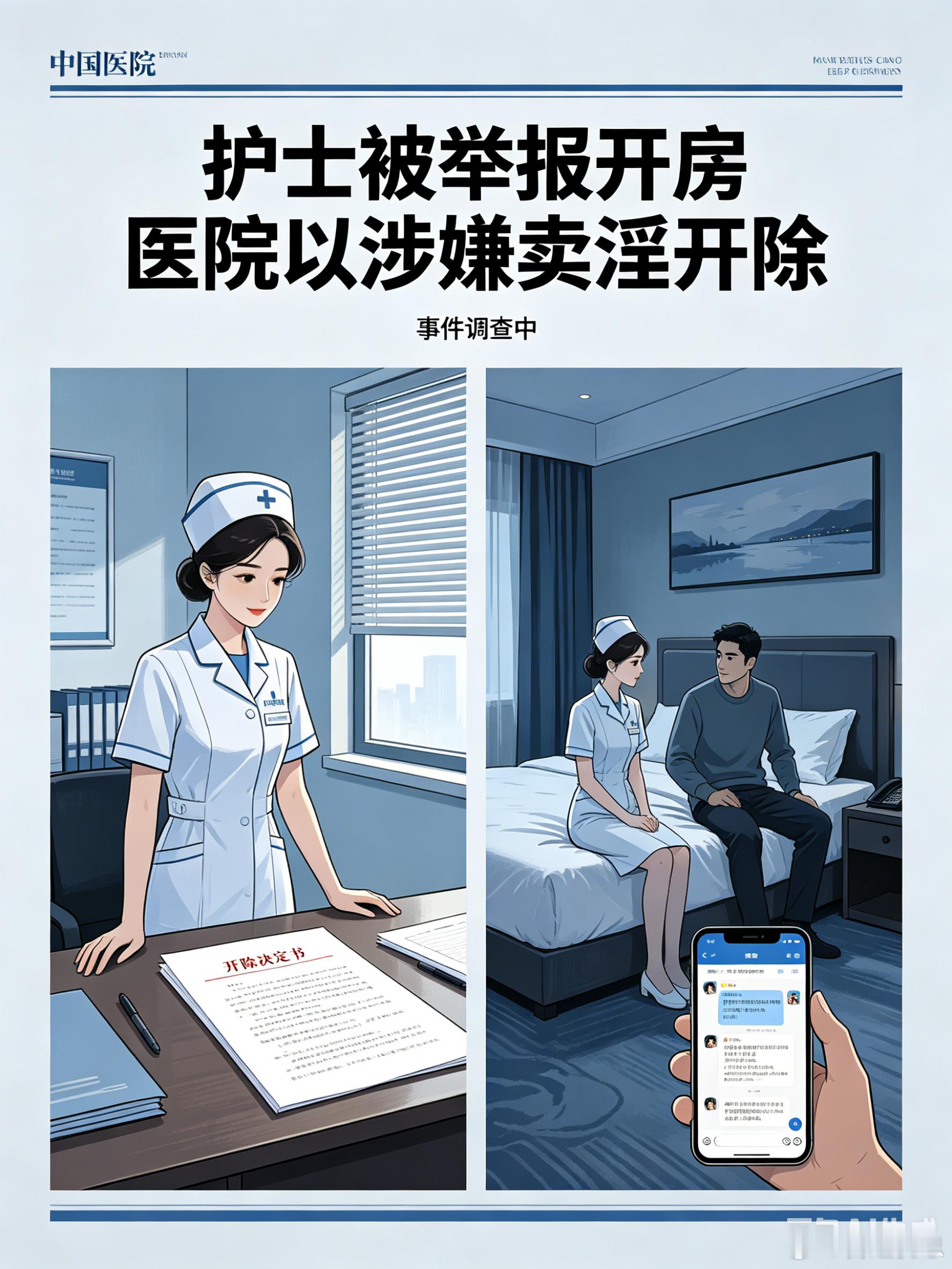 护士被举报开房被医院以涉嫌卖淫开除 近日，广西贺州一名工作近12年的女护士，因匿