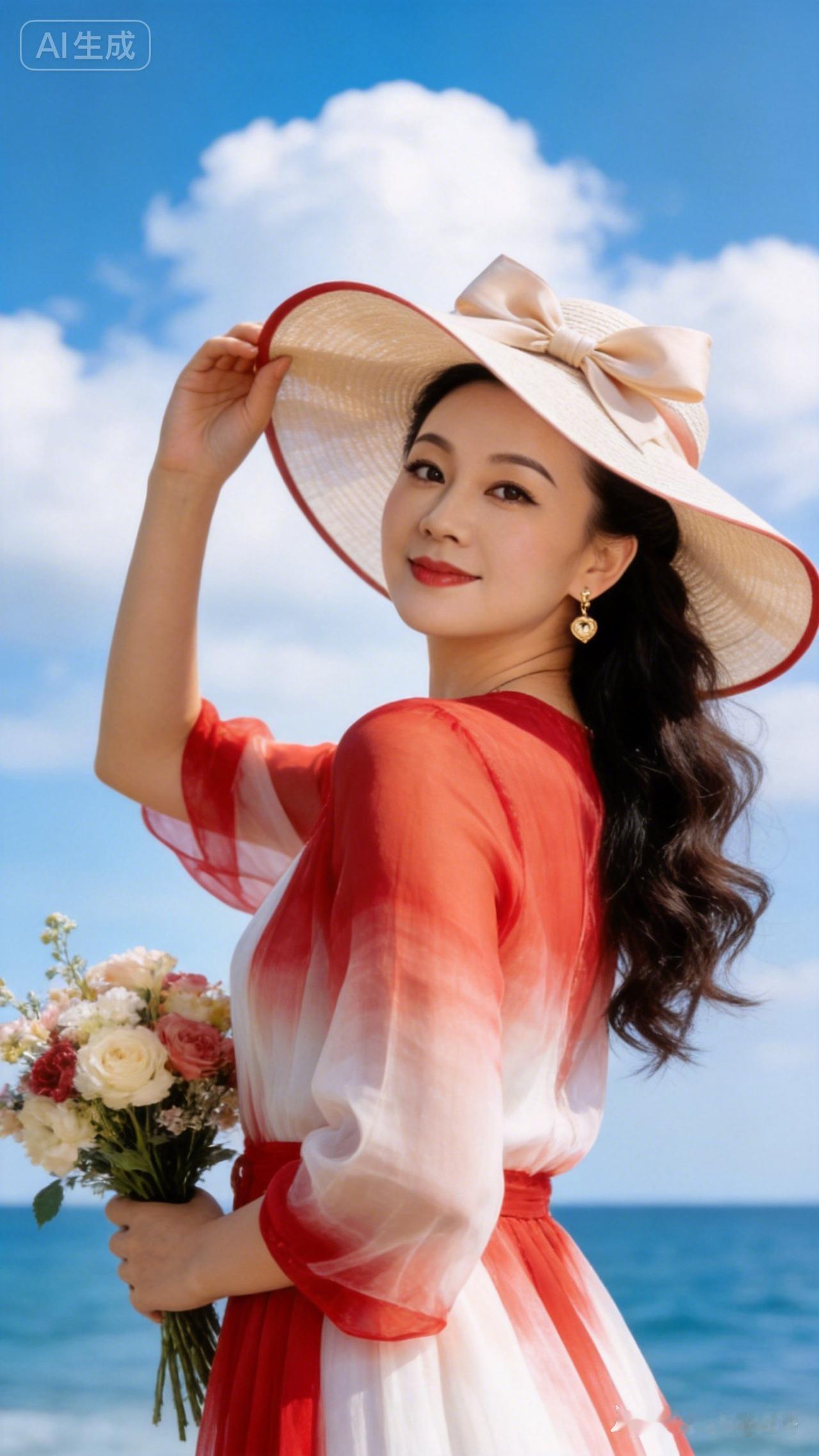 海边戴帽子的美女拿着花束微笑。