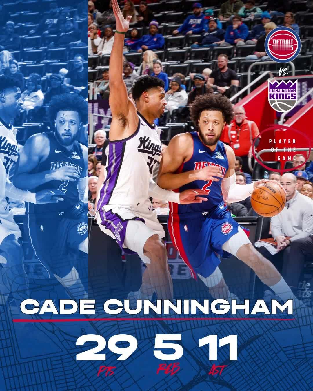 坎宁安今日29分5篮板11助攻3抢断1封盖，本赛季第21次单场送出10+助攻，联