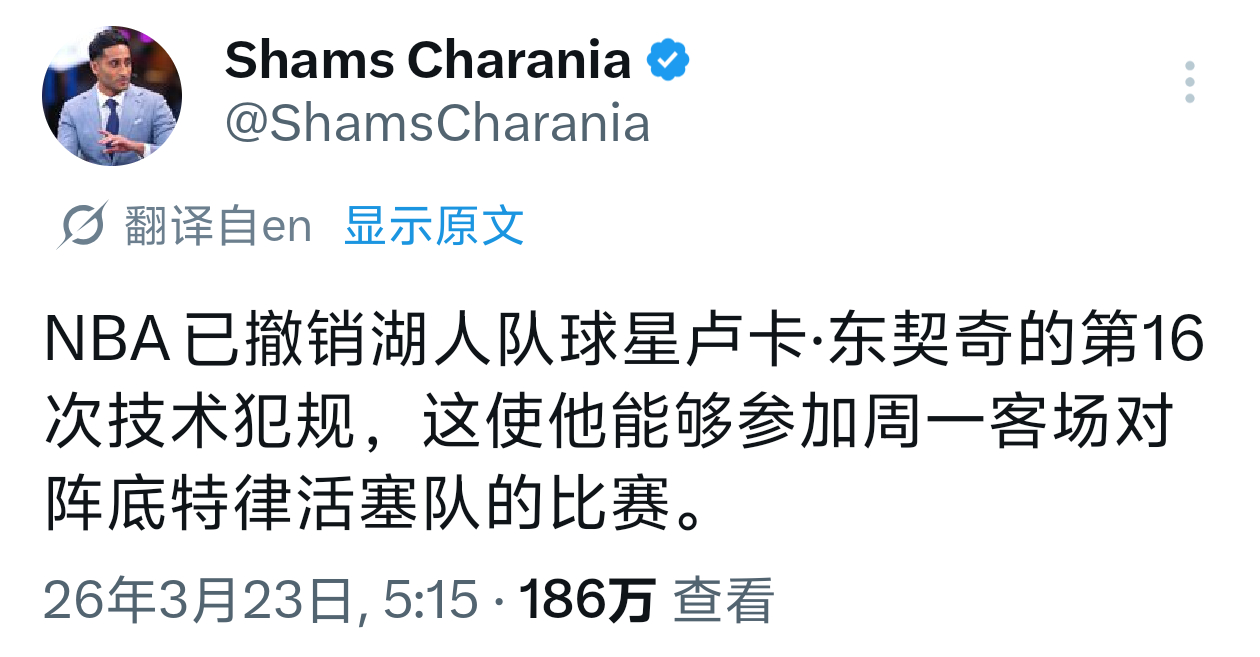 NBA已撤销湖人队球星卢卡·东契奇的第16次技术犯规、这使他能够参加周一客场对阵