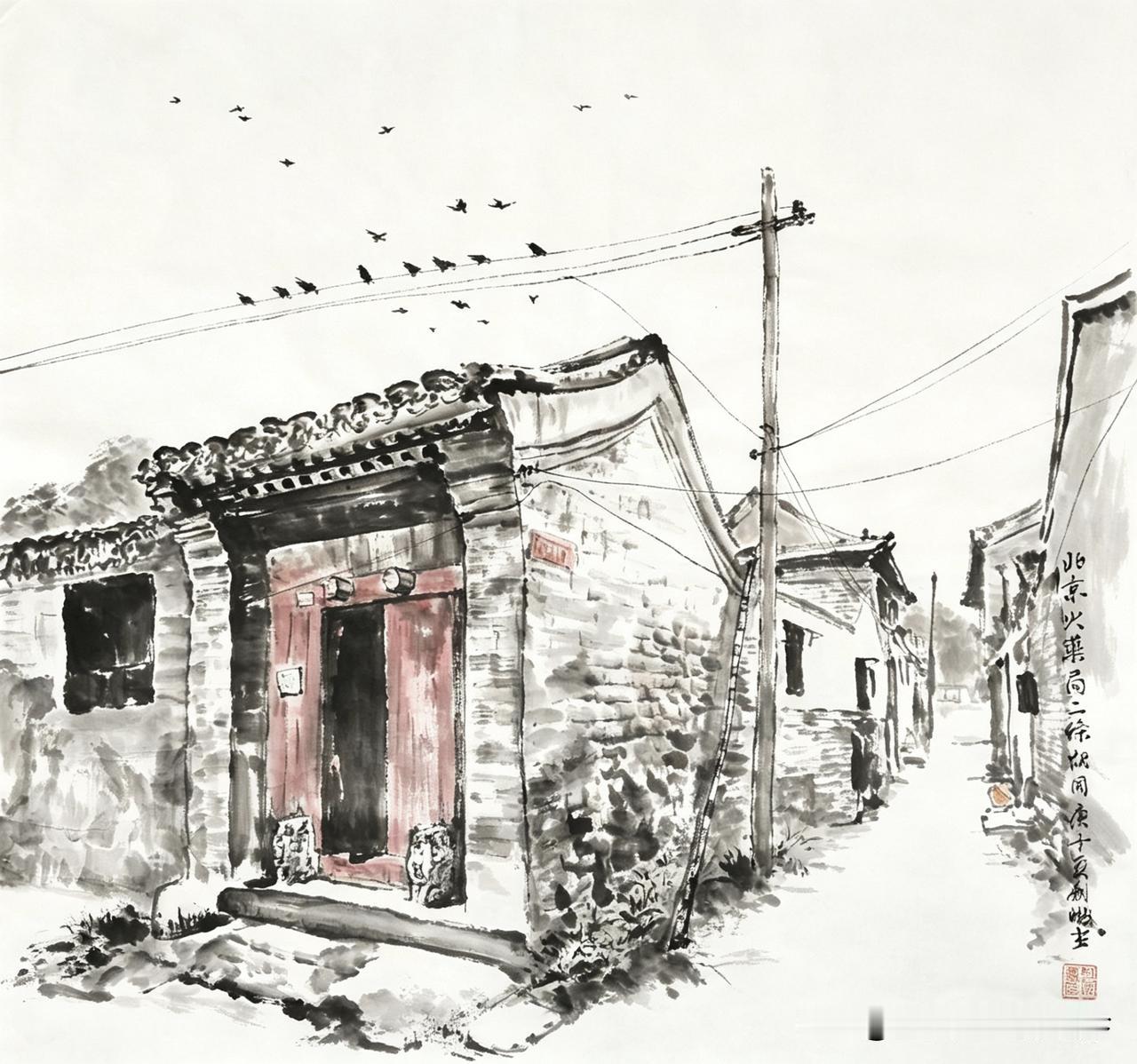 这幅京味水墨画儿以传统国画水墨落笔，皴擦画出青砖经年风化的斑驳质感，全画素墨留白