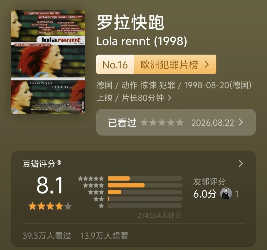 罗拉快跑｜三次奔跑，三次不同的结局
🎬《罗拉快跑》
	
剧情：电话铃声响起，男