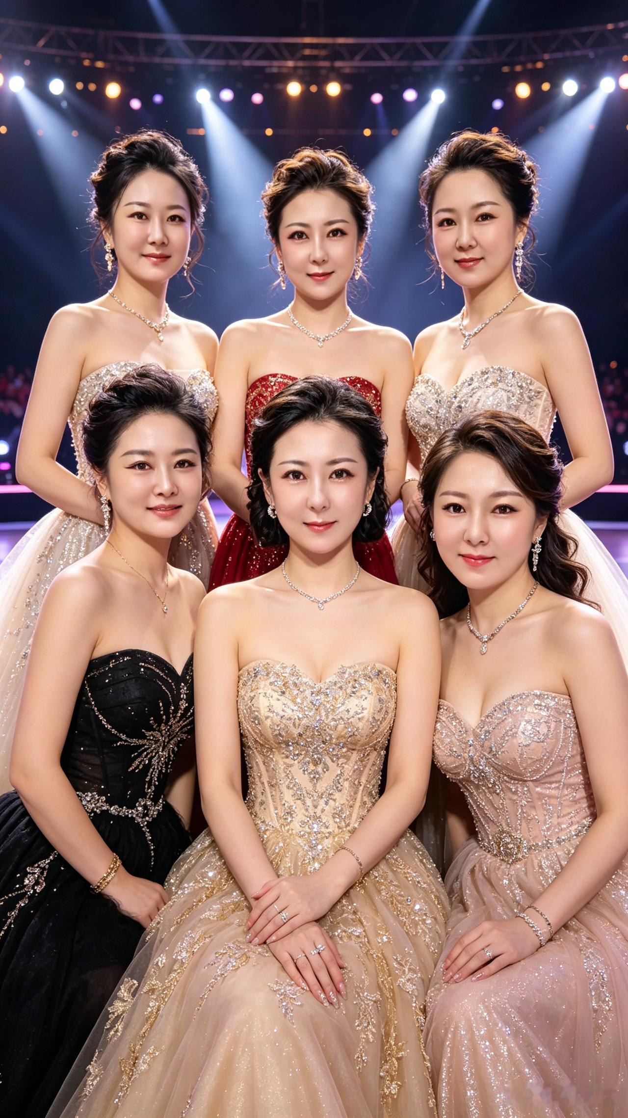 五位姐妹站成排
身着抹胸礼服来
妆发精致显气派
瘦身美颜更精彩
舞台灯光亮起来