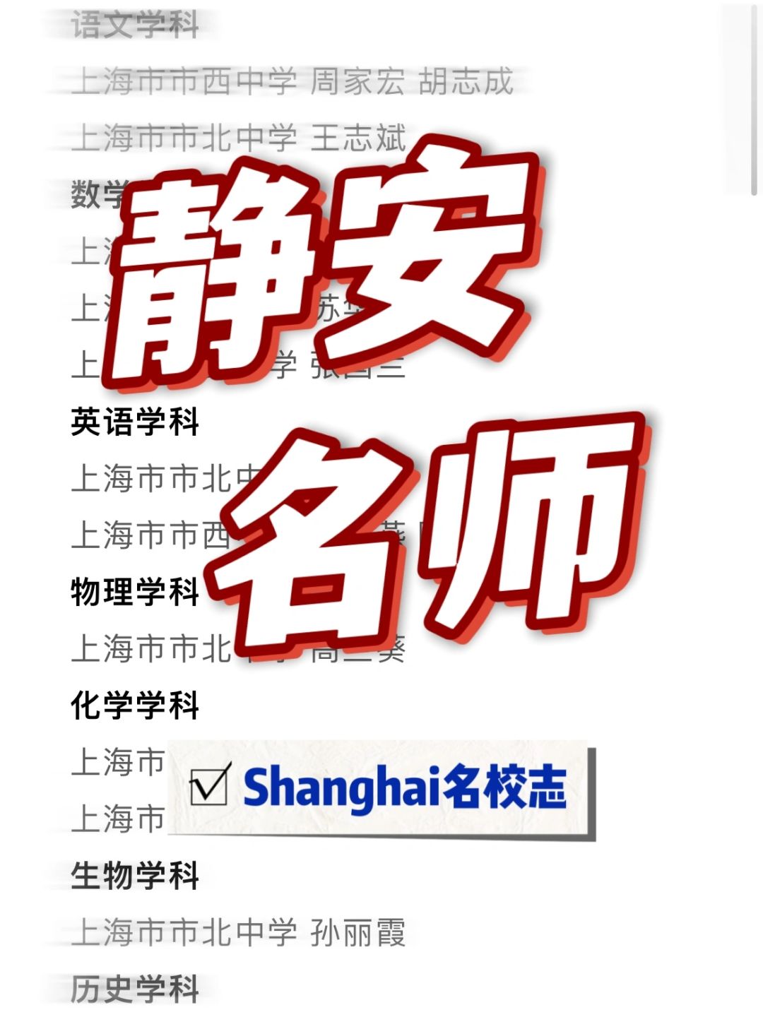 上海静安区102位新一届学科带头人名单
