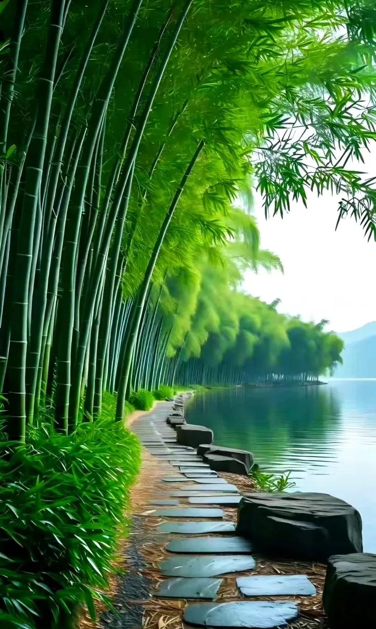 竹影婆娑水潺潺，翠色青青绿满田。#绿树蓝天白云飘# #美景情永在，# #秋水含情