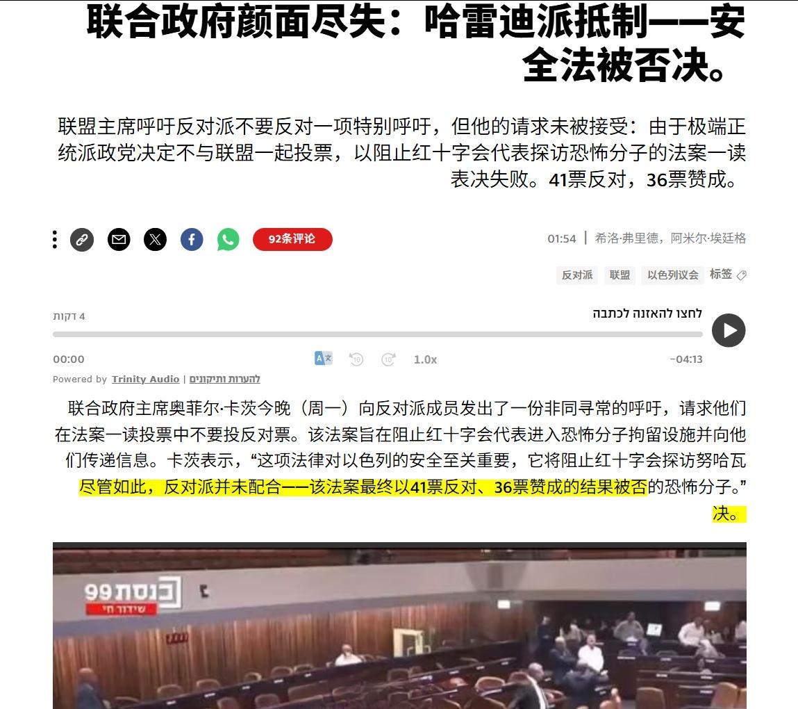 以色列议会以41票反对、36票赞成的投票结果驳回了执政联盟提出的禁止红十字会代表
