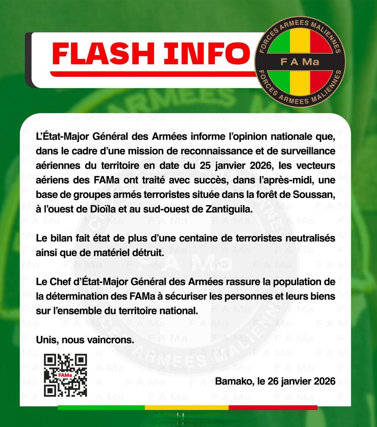 马里政府军在该国南部迪奥伊拉以西的苏桑森林发动空袭，宣称炸死JINM100多人 