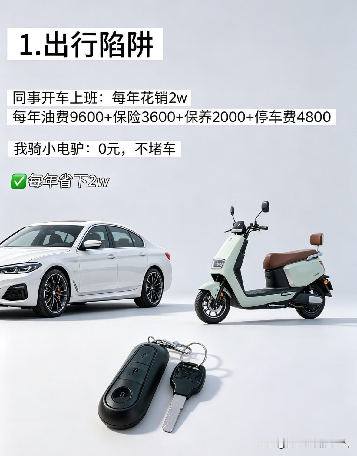 负债之后，钱不够花了，反而学会了很多以前不在意的事。

1. 出行：骑小电驴，一