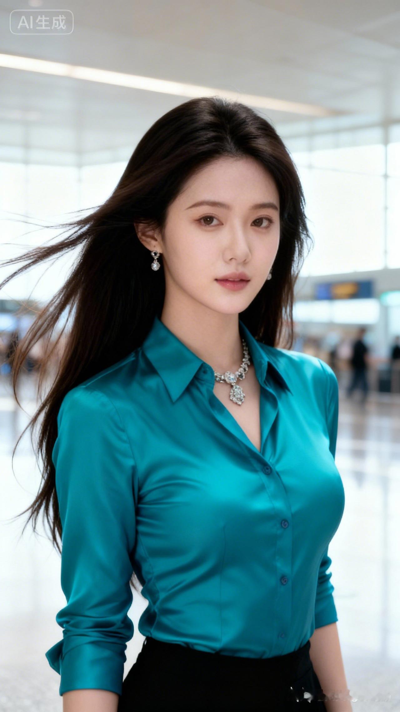 这位美女穿着蓝色衬衫，看起来好有气质！