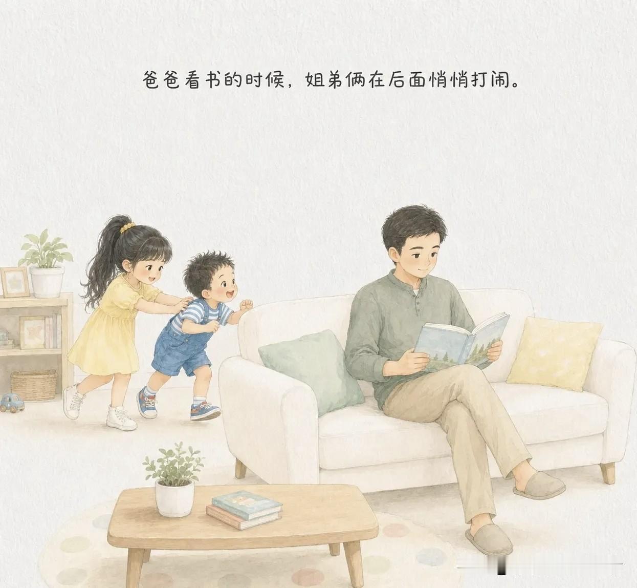 趣味漫画：爸爸在沙发上看书，姐弟俩在后面斗殴。姐姐告状：「爸！弟弟咬我！」爸爸：