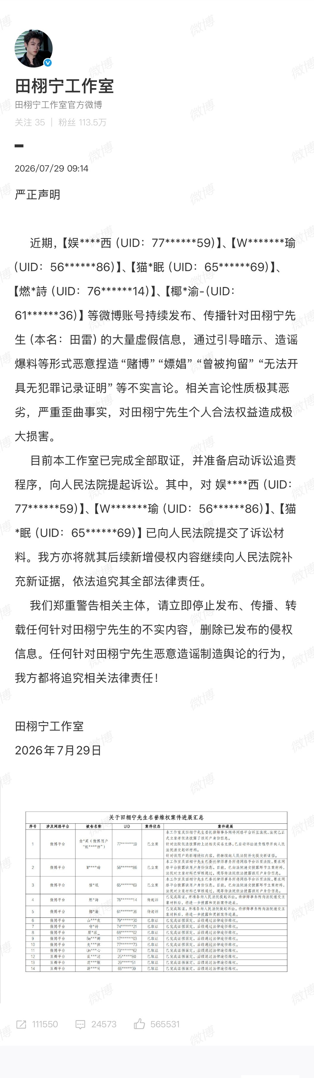 田栩宁工作室告黑声明田栩宁工作室告黑声明支持维权