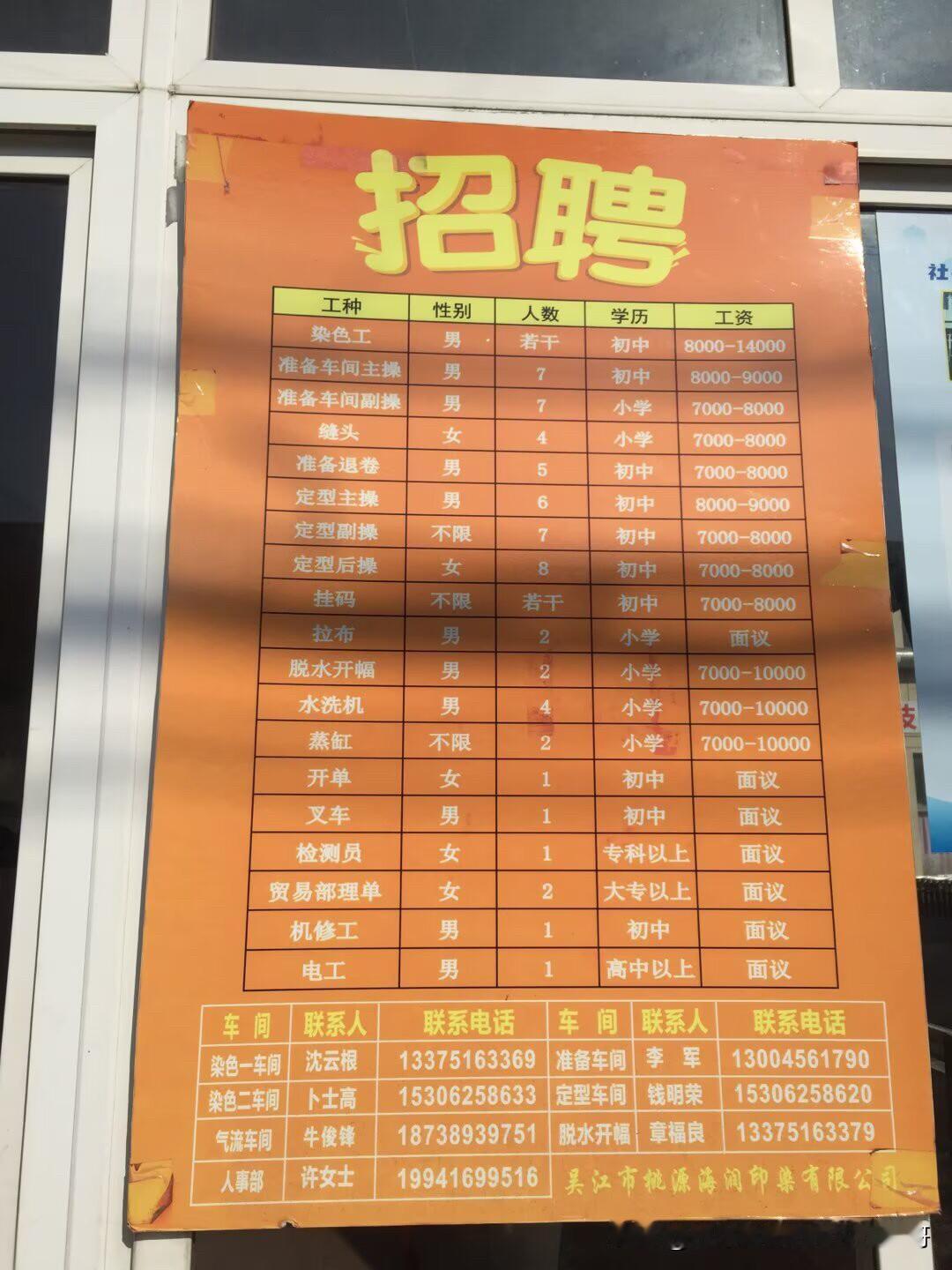 江苏省苏州市吴江区桃源镇桃源社区工厂招聘，长期现场直招无中介。工厂招聘地址：
苏