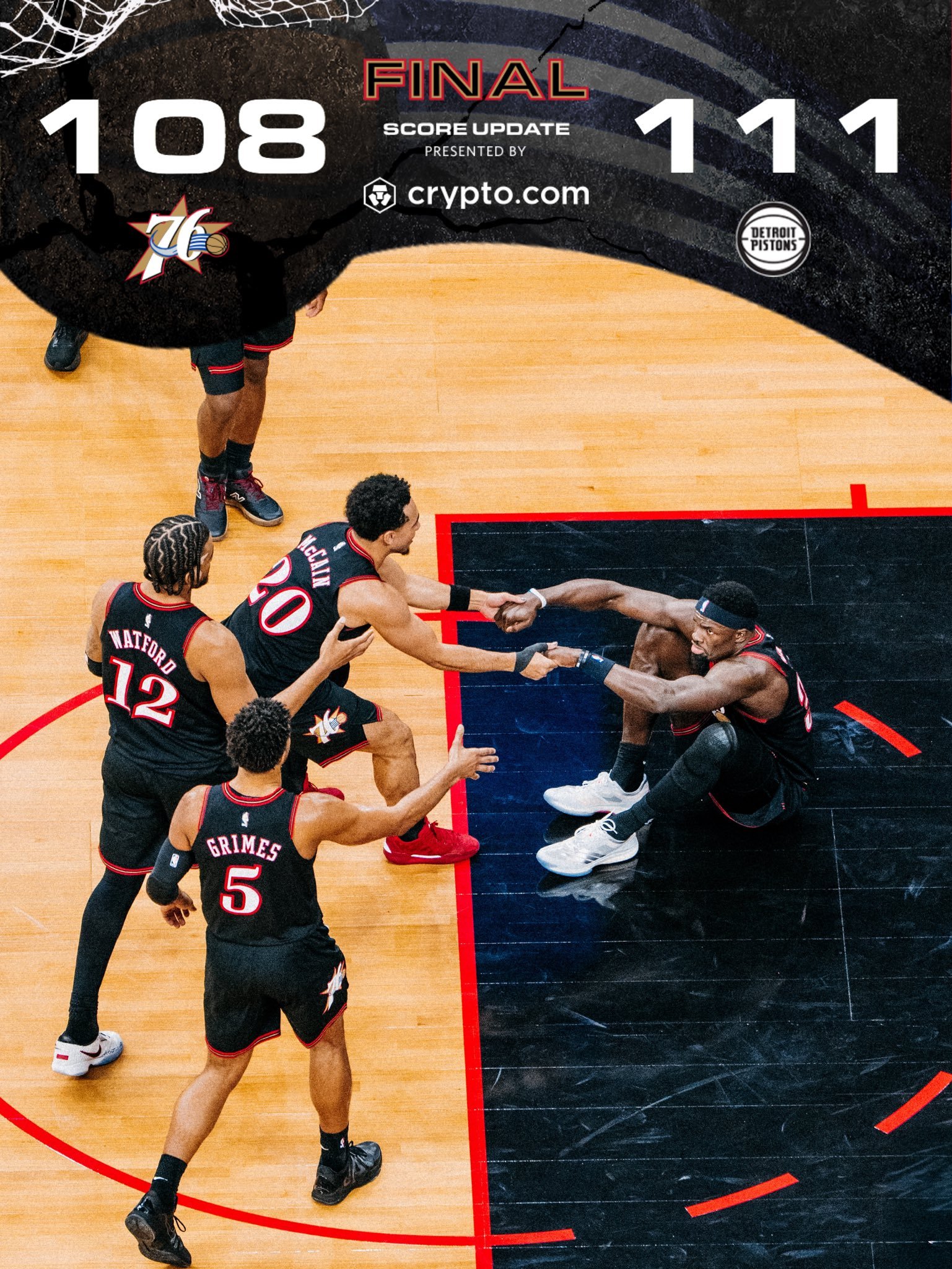 遗憾落败！全场比赛结束：76人队主场背靠背108-111不敌活塞！马克西33分4