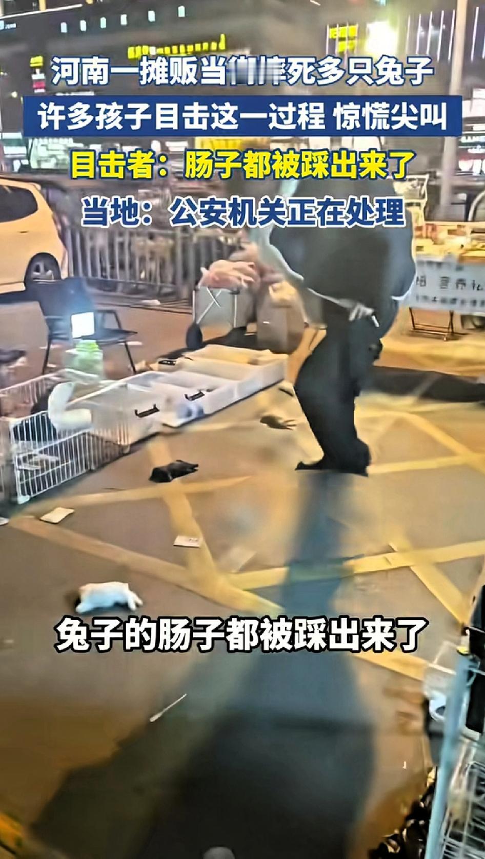 河南一摊贩当街摔死多只兔子，许多孩子目击这一过程，惊慌尖叫！目击者：兔子幼崽肠子