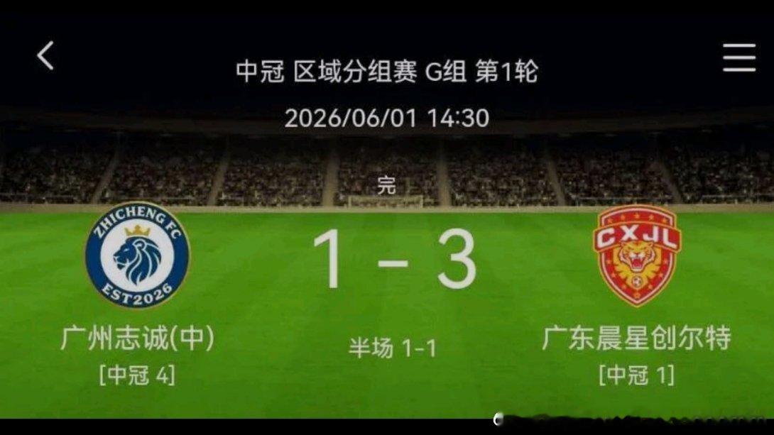 中冠英德赛区首轮全部赛果广东晨星 3-1 广州黄埔志诚赣州红星 1-1 盐城东台