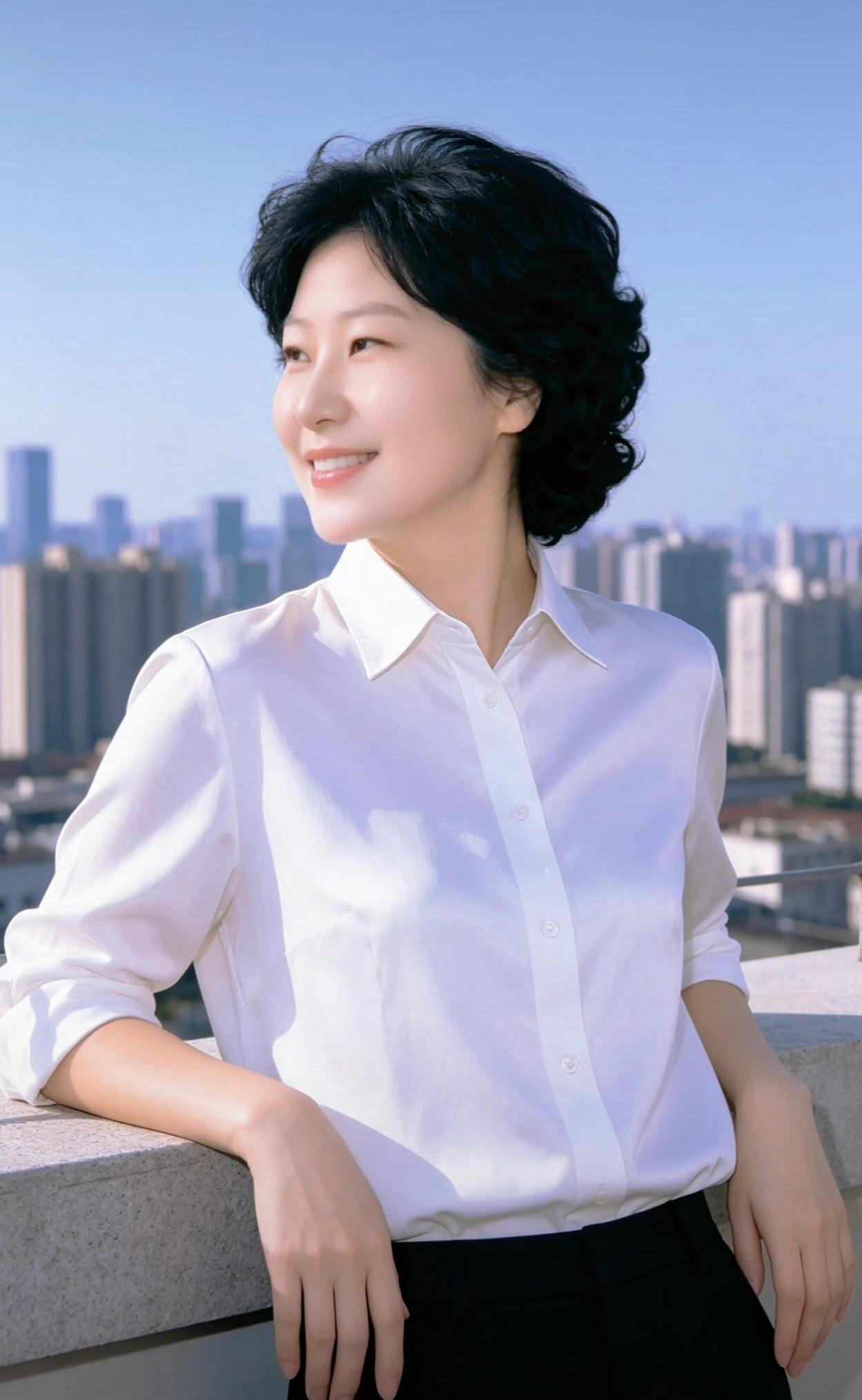 她靠在栏杆上，笑得真开心。