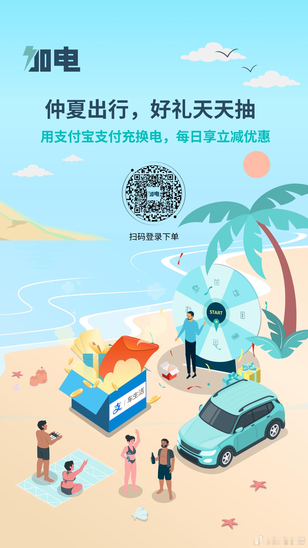 六月仲夏季！充电享优惠，每天抽奖赢立减夏日炎炎，能量满满！加电App与支付宝充电